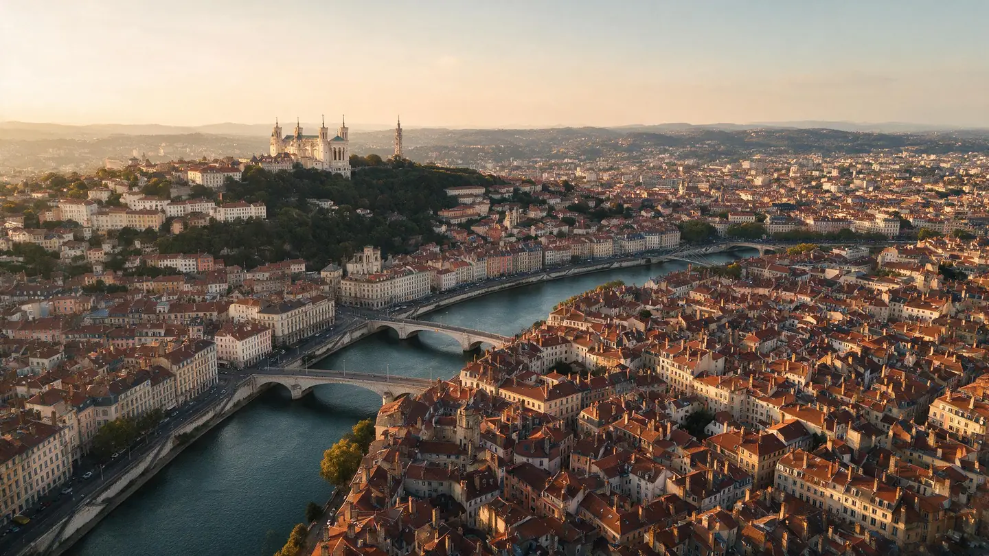 Vue aérienne de Lyon au coucher de soleil, Fourvière et confluence Rhône-Saône