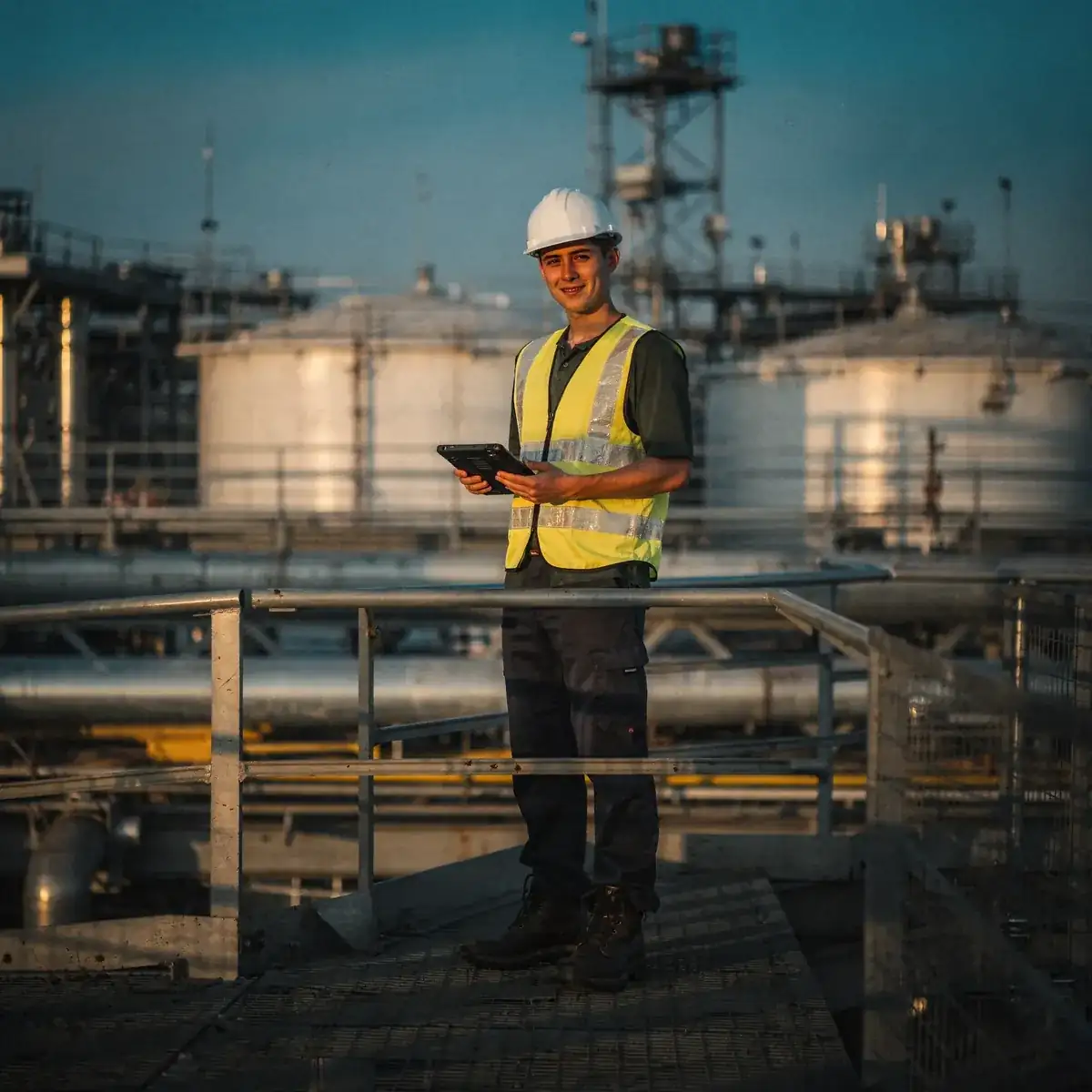 Ingénieur avec casque de chantier et tablette sur passerelle industrielle