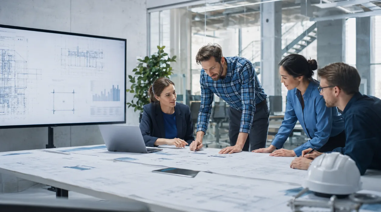 Équipe d’ingénieurs en réunion autour de plans techniques, bureau moderne