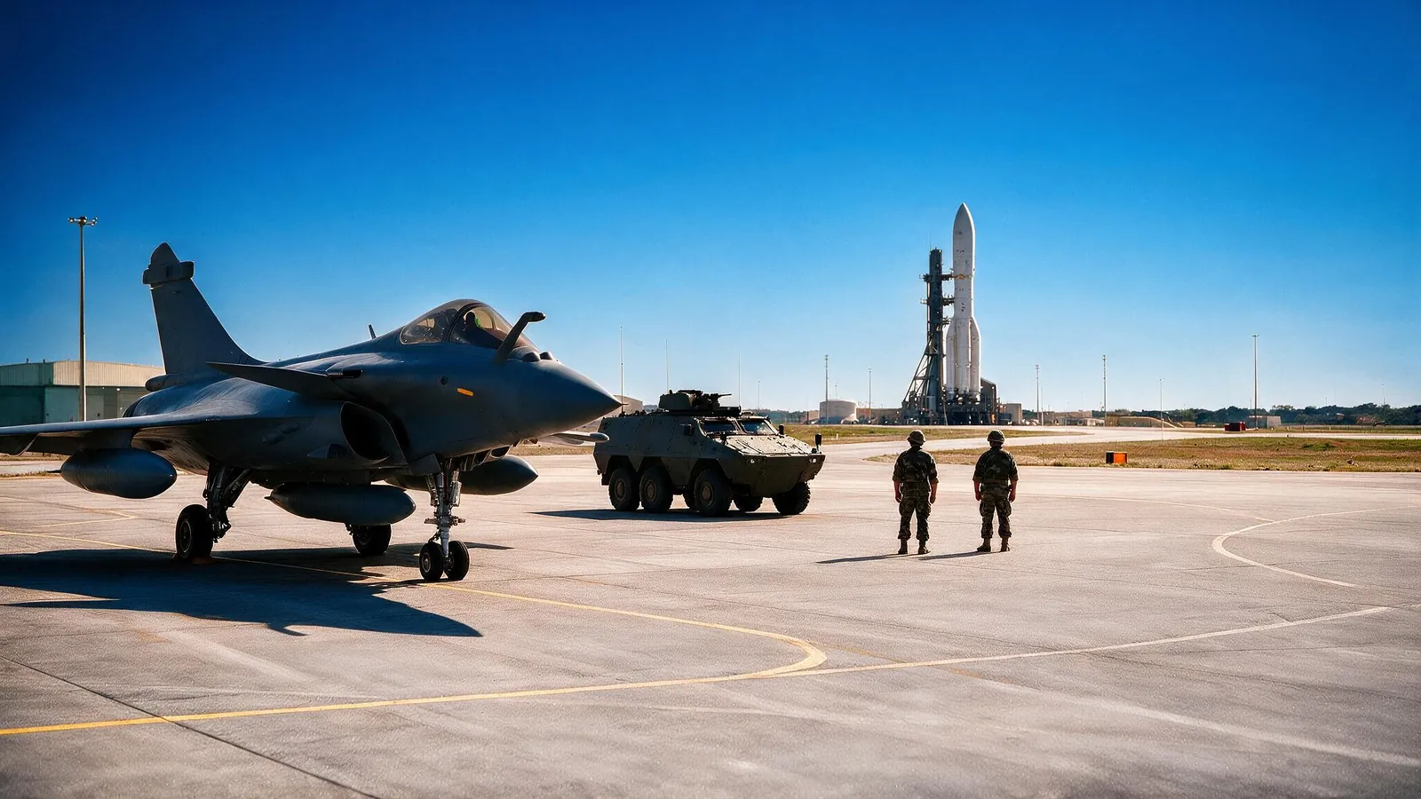 Avion de chasse et véhicule blindé sur le tarmac d’une base aérienne, lanceur spatial au loin