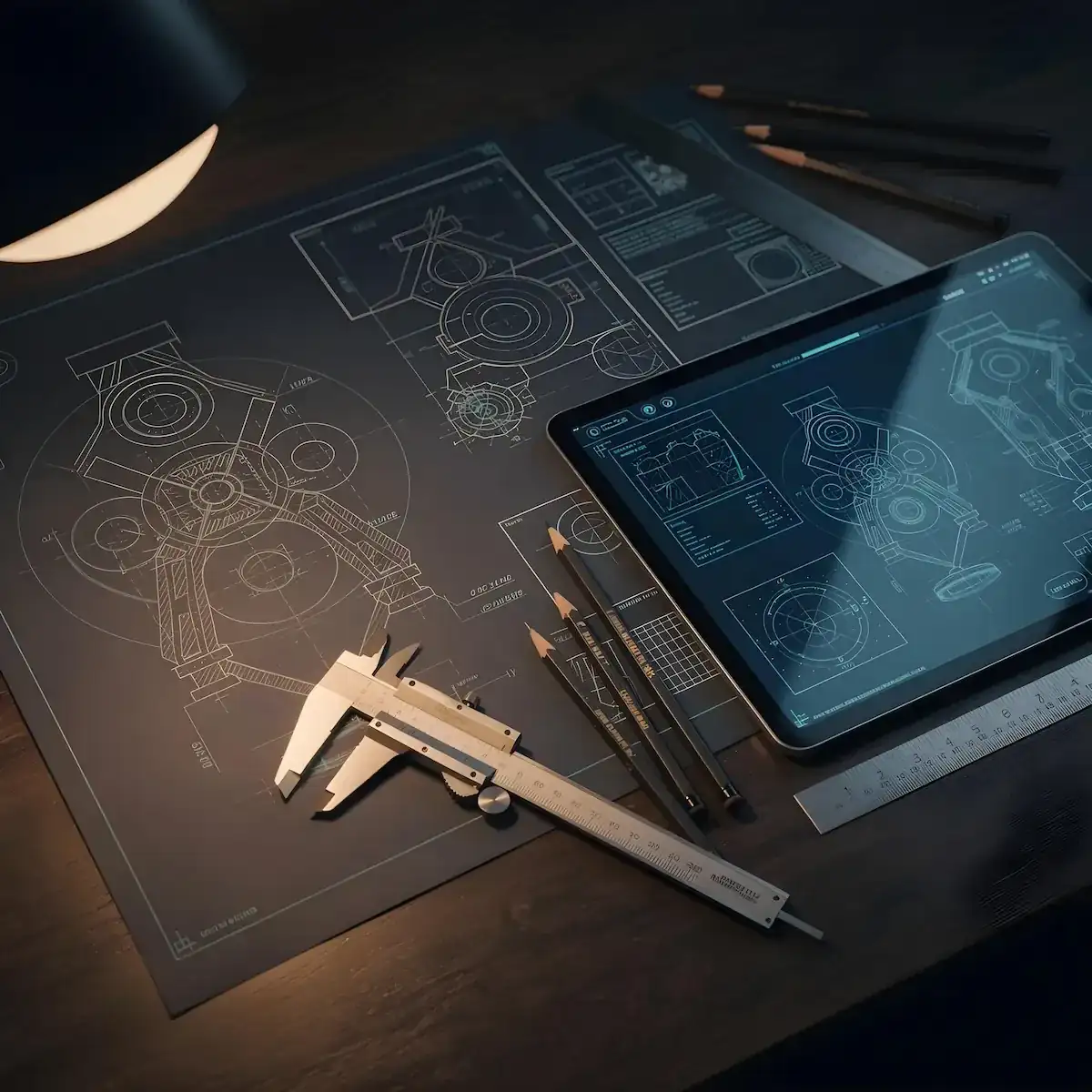 Plan technique et instruments de mesure sur bureau d’ingénieur
