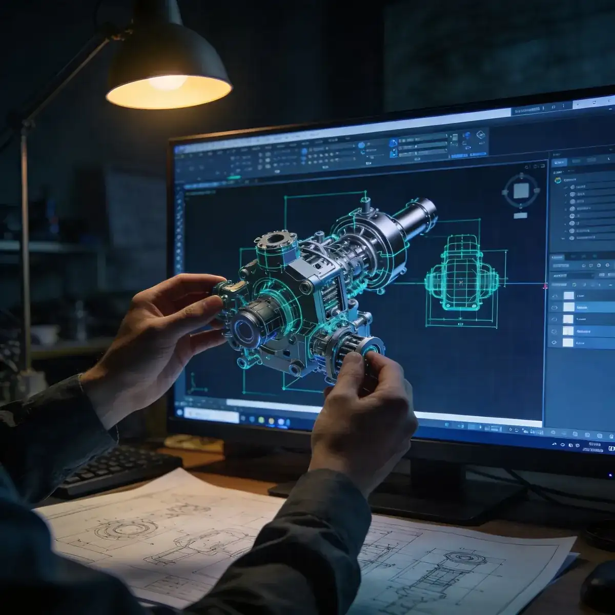 Ingénieur mains sur logiciel CAO CATIA, plans techniques