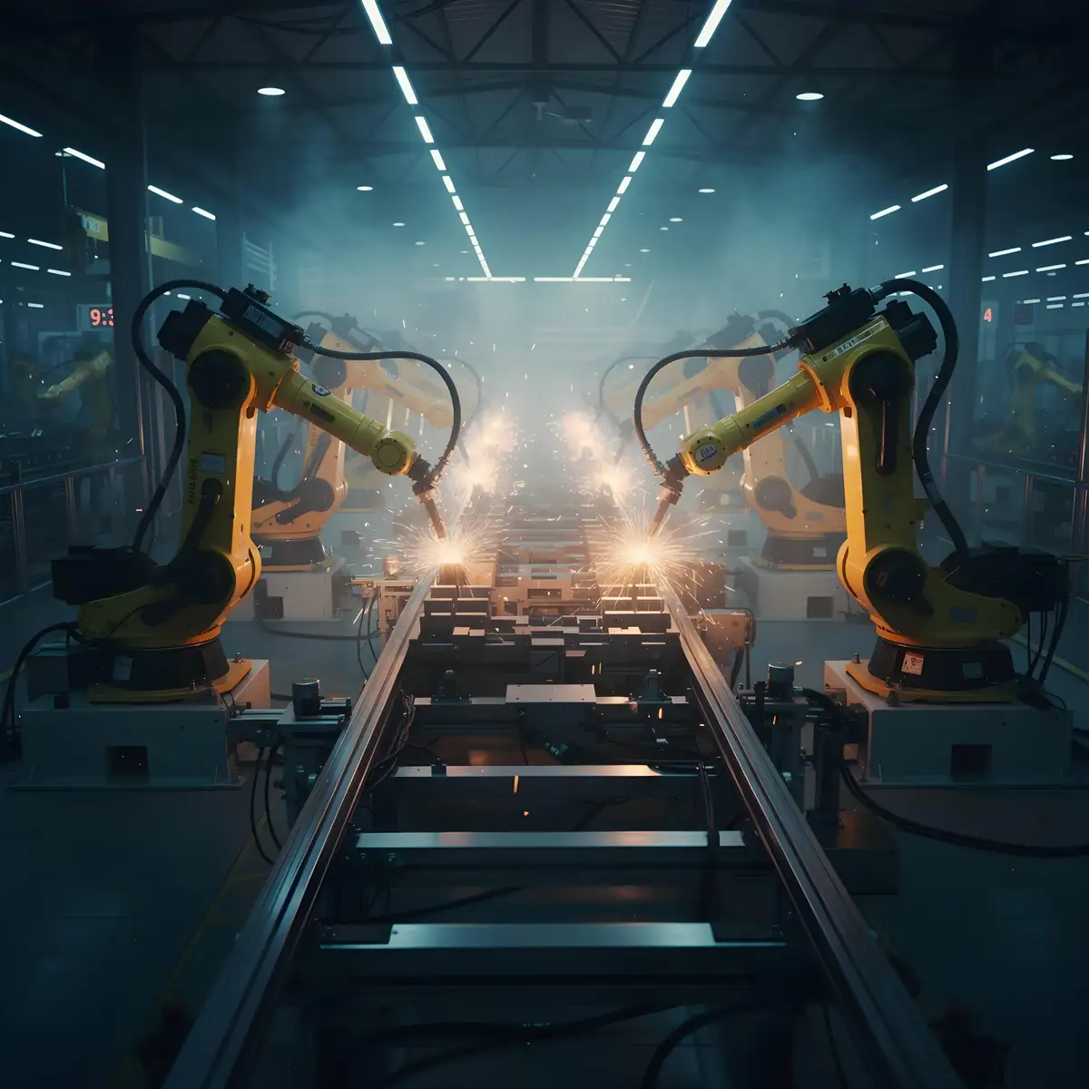 Atelier de production automatisé avec robots industriels